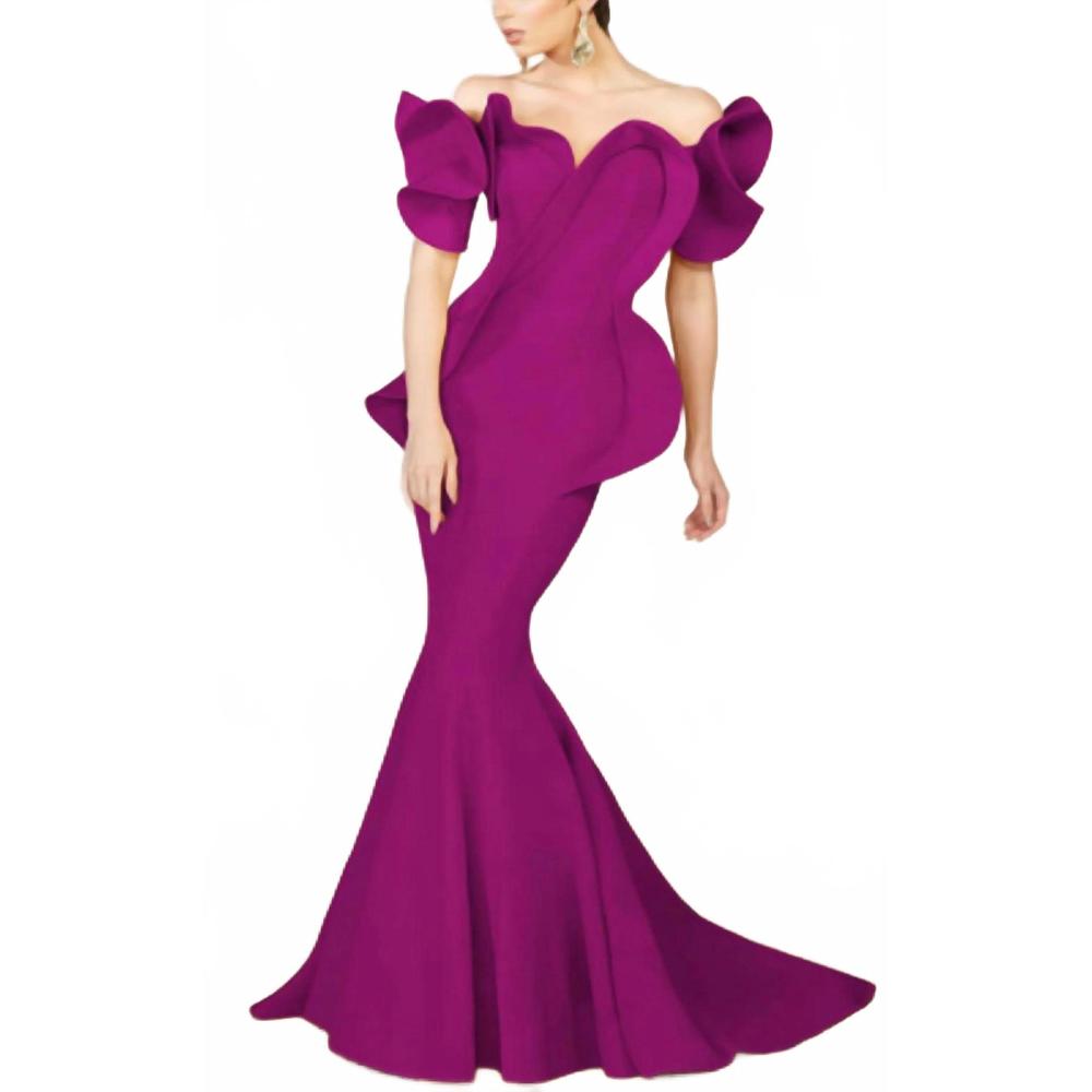 NEW MNM COUTURE crepe ruffle gown in cherry magenta